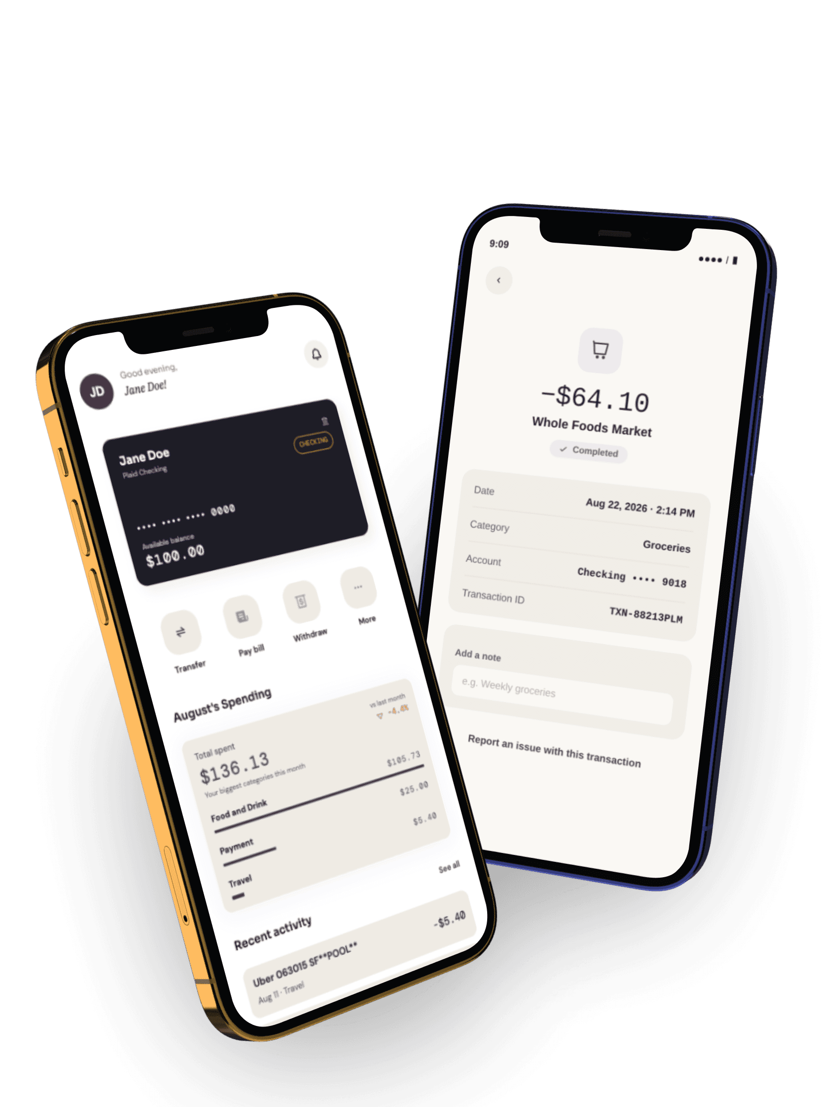 Fortify Bank on two phones: the account dashboard and a transaction detail screen